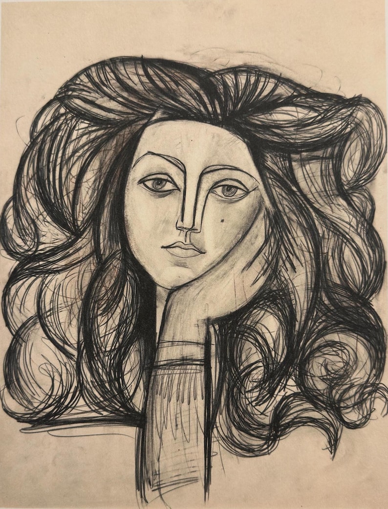 May include: A charcoal sketch of a woman's face with long, flowing hair. The woman's hand rests on her cheek. The artwork is done in a minimalist style with a focus on lines and shading, creating a classic, elegant portrait.