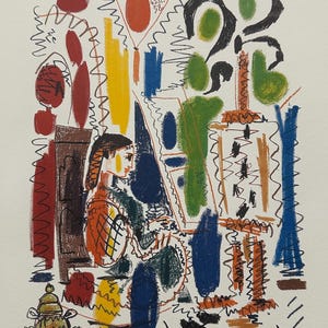 May include: A colorful lithograph print featuring a stylized figure seated before an easel. The artwork includes abstract shapes in red, yellow, blue, green, and brown, with the text 7.4.56, pour Gilberte et Serge, Picasso 65.12.58, 48/150, and Picasso.