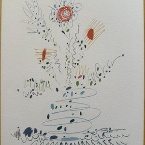May include: Abstract floral artwork in a minimalist style. The image features a bouquet of flowers with red, blue, and green accents, drawn with thin black lines on a white background. The artwork is signed "Picasso" and numbered 15/170.