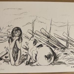 May include: Black and white sketch of a person and a pig in a rural setting. The person is kneeling, looking at the pig. The pig is lying down. A fence and distant mountains are in the background. The print is numbered 232/450 and signed E. Munry.