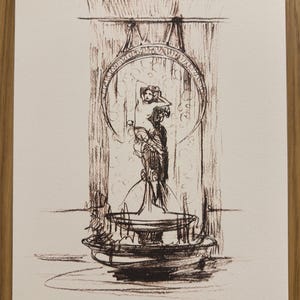 May include: A sepia-toned sketch depicting a fountain with a female figure within a circular frame. The fountain features a tiered base and a central sculpture. The artwork is signed "Mucha" and numbered "43/330".
