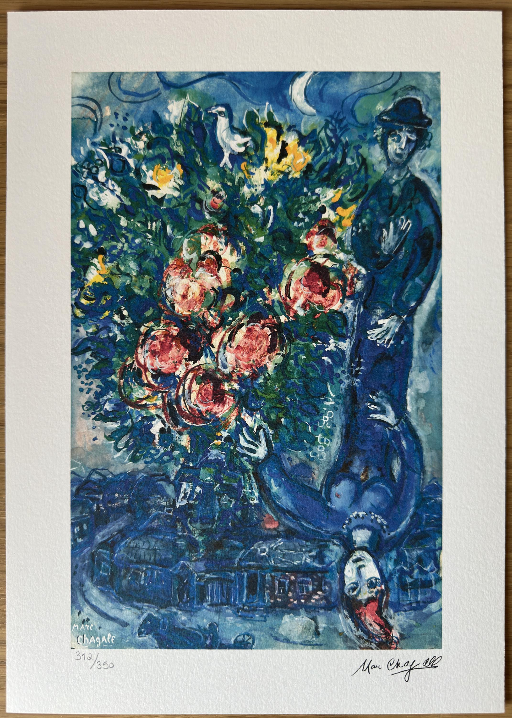 マルク・シャガール リトグラフ：花を持つ若いカップル、サイン