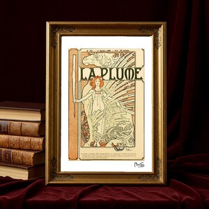 Lámina artística de Alphonse Mucha La Plume / Póster Art Nouveau clásico / Decoración vintage elegante / Arte publicitario francés