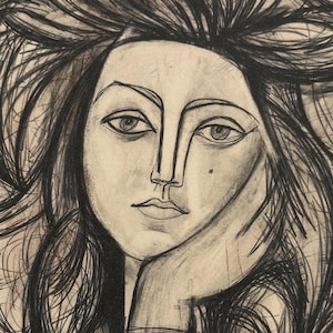 May include: A charcoal drawing of a woman's face, featuring long, flowing hair and a contemplative expression. The artwork is characterized by bold lines and shading, with the woman's hand supporting her chin. The style is reminiscent of a classic portrait.
