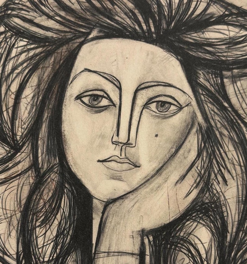 May include: A charcoal drawing of a woman's face, featuring long, flowing hair and a contemplative expression. The artwork is characterized by bold lines and shading, with the woman's hand supporting her chin. The style is reminiscent of a classic portrait.