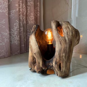 Puede incluir: Una lámpara rústica de madera con una bombilla cálida y brillante. La lámpara está hecha de un trozo de madera natural, con una forma orgánica única. La bombilla es de estilo vintage, lo que añade encanto a la lámpara. Un elemento decorativo para el hogar.