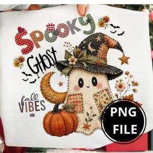 Patchwork Spöke PNG, Spökskjorta, Retro Halloween PNG, Spöksäsong PNG (Digital Nedladdning)