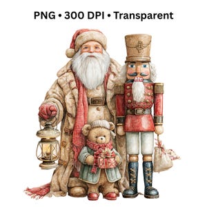 Weihnachten Nikolaus & Nussknacker Aquarell Clipart - Vintage Teddybär Laternen-Illustration (PNG, High-Res-Auflösung)