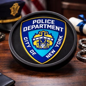 May include: A round, black emblem featuring the New York City Police Department shield. The shield is blue, yellow, and white, with the words "Police Department" and "City of New York" prominently displayed. Other law enforcement items are in the background.