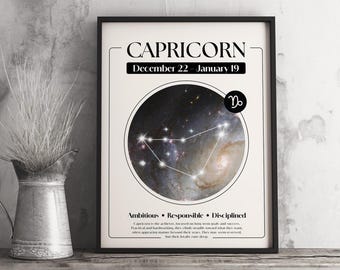 May include: Framed Capricorn zodiac sign art print. The black and white print features the Capricorn symbol, constellation, and the dates December 22 - January 19. The print also includes the words "Ambitious, Responsible, Disciplined."