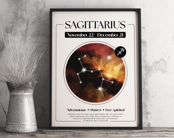 May include: Black framed Sagittarius zodiac art print. The print features the word "SAGITTARIUS" at the top, with the dates November 22 - December 21 below. A circular image of the Sagittarius constellation is in the center. The print also includes the words "Adventurous, Honest, Free-spirited".