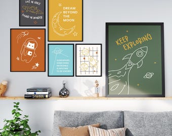Space Wall Art Set of 6 Prints: Hand-Drawn Kids' Room Decor (Digital Download)