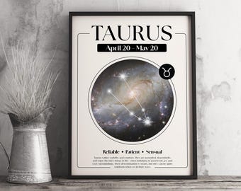 Könnte beinhalten: Gerahmter Kunstdruck zum Sternzeichen Stier. Der schwarz gerahmte Druck zeigt oben das Wort "TAURUS" mit den Daten "20. April - 20. Mai" darunter. Ein kreisförmiges Bild einer Galaxie mit einer Konstellation befindet sich in der Mitte.