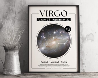May include: A framed Virgo zodiac sign art print. The black frame surrounds a white background with the word "VIRGO" at the top, and the dates August 23 - September 22. A circular image of a galaxy and constellation is in the center.