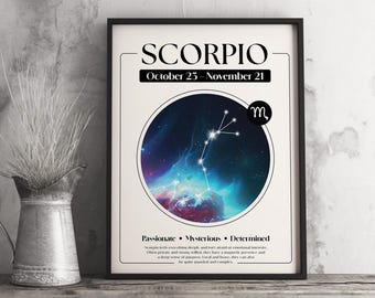 May include: Framed Scorpio zodiac sign art print. The black framed print features the word "SCORPIO" above the dates "October 23 - November 21". A circular image of a constellation is in the center, with the Scorpio symbol on the right.