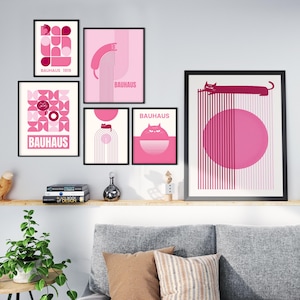 Modern Bauhaus Cat Art Print – Pink Geometric Abstract Wall Decor | Minimalist Cat Poster for Bedroom, Office, or Gallery Wall