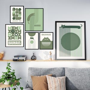 Modern Bauhaus Cat Art Print – Green Geometric Abstract Wall Decor | Mid Century Modern Cat Poster for Living Room or Studio