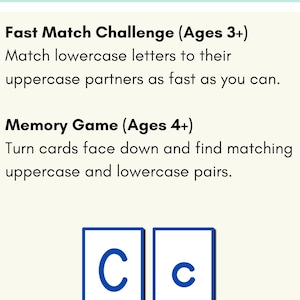May include: A white card with the text Two Ways To Play, Fast Match Challenge (Ages 3+) Match lowercase letters to their uppercase partners as fast as you can, and Memory Game (Ages 4+) Turn cards face down and find matching uppercase and lowercase pairs, with two white cards featuring a blue uppercase C and a blue lowercase c.