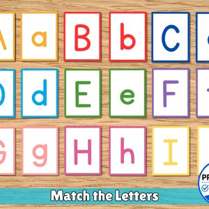 May include: A set of eighteen rectangular educational cards featuring uppercase and lowercase letters A through I in various colors, each with a matching colored border. A circular blue badge in the corner displays the text PRACTICE, Reinforce Letter Recognition, and Ages 3-6.