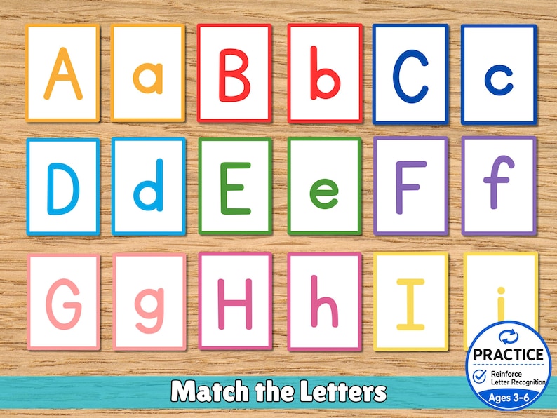 May include: A set of eighteen rectangular educational cards featuring uppercase and lowercase letters A through I in various colors, each with a matching colored border. A circular blue badge in the corner displays the text PRACTICE, Reinforce Letter Recognition, and Ages 3-6.