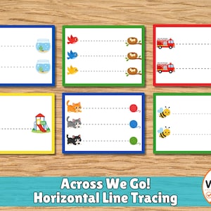 May include: Six rectangular educational cards featuring horizontal line tracing exercises. Each card displays colourful illustrations like fish, birds, fire trucks, children, cats, and bees, with dashed lines connecting objects for children to trace.