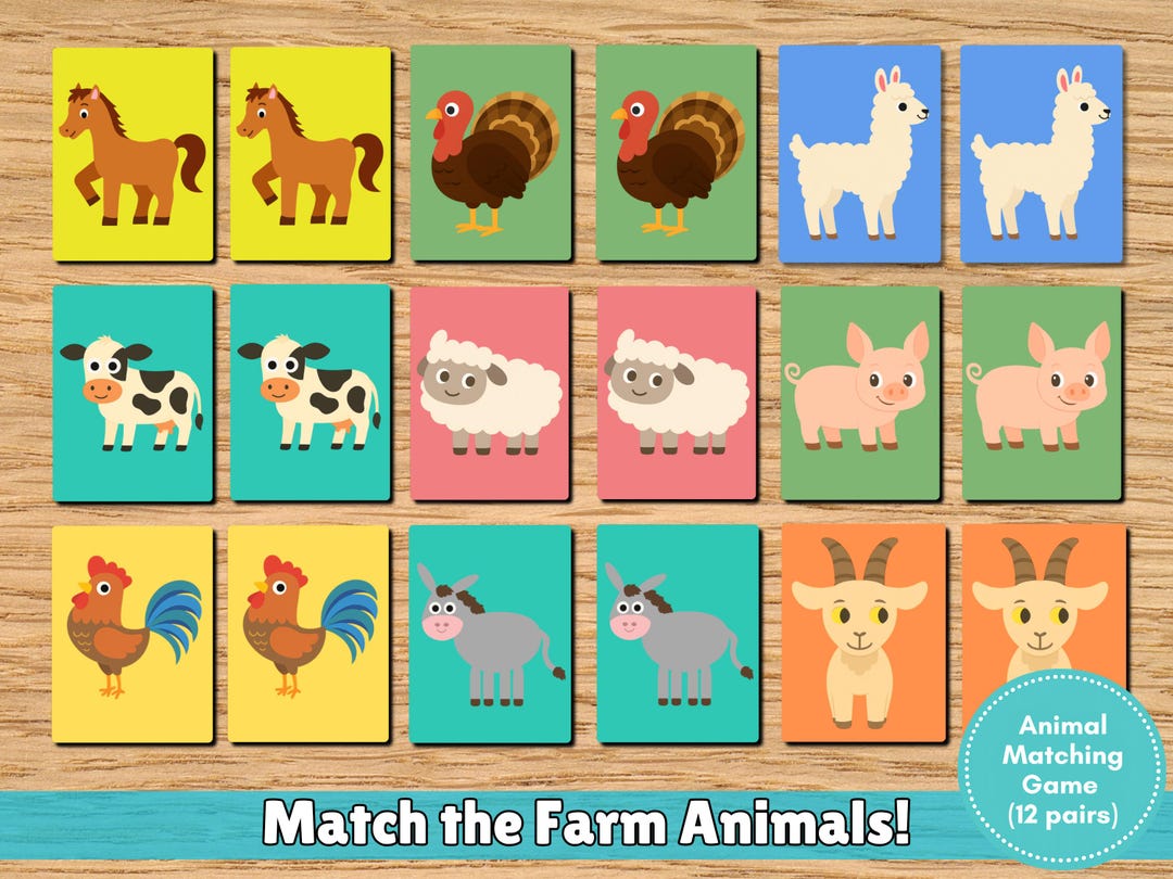 Farm Animal Matching Memory Game | Preschool Learning Cards - Etsy