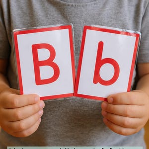 May include: Two rectangular laminated flashcards featuring the letter B in red. The left card displays an uppercase B, and the right card displays a lowercase b. Both cards have a white background with a thick red border, designed for educational use.