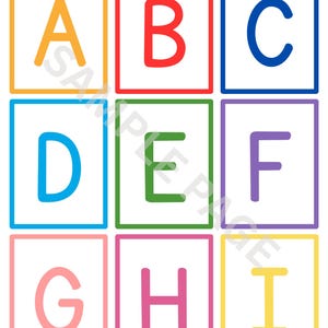 May include: A grid of nine rectangular cards, each featuring a single uppercase letter from A to I in a distinct color. The letters A, B, C, D, E, F, G, H, and I are centered within frames matching their respective letter colors.