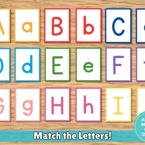May include: Alphabet matching game featuring colorful uppercase and lowercase letters A through I on rectangular cards. Each card has a colored border and is arranged on a wooden surface. The text "Match the Letters!" is displayed at the bottom.