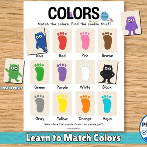 May include: A colour matching educational activity sheet featuring the text COLORS, Match the colours. Find the cookie thief!, and Who stole the cookie from the cookie jar?. It displays twelve coloured footprints and monster cards in blue, red, pink, brown, green, purple, white, black, grey, yellow, orange, and aqua.
