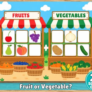 May include: A colorful educational sorting game featuring two market stalls labeled FRUITS and VEGETABLES. The stalls display illustrations of a cherry, grapes, pear, peach, onion, potato, and cucumber, with baskets of produce below. Includes 24 sorting cards.