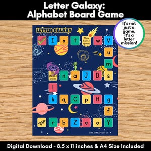 Juego de mesa con el alfabeto de Letter Galaxy / Juego imprimible del ABC para preescolar, jardín de infantes, educación en casa, ESL / Actividad divertida de reconocimiento de letras