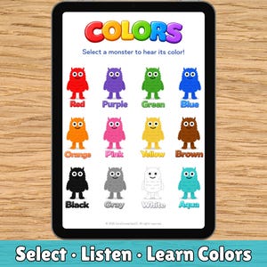 Póster interactivo con audio en color para niños pequeños y preescolares / Actividad de aprendizaje de reconocimiento de colores