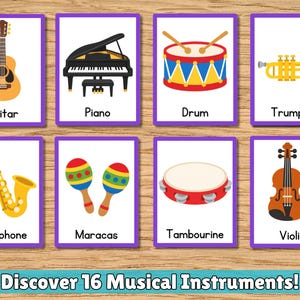 Könnte beinhalten: Acht rechteckige Lernkarten mit violettem Rand, die jeweils eine farbige Abbildung eines Musikinstruments und dessen Namen zeigen: Guitar, Piano, Drum, Trumpet, Saxophone, Maracas, Tambourine, Violin. Der Text lautet Discover 16 Musical Instruments!