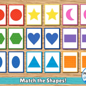 May include: A set of eighteen rectangular educational cards featuring various shapes including circles, stars, crescents, hexagons, hearts, rectangles, ovals, triangles, and squares. The cards display the text Match the Shapes and PRACTICE.