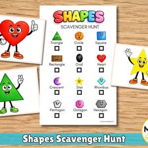 May include: A Shapes Scavenger Hunt activity sheet featuring a grid of twelve shapes with cartoon faces, including a triangle, circle, square, rectangle, oval, heart, crescent, star, rhombus, pentagon, octagon, and hexagon, plus three character cards.
