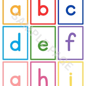 May include: A grid of nine rectangular cards, each featuring a single lowercase letter from a to i in a distinct color. The letters are orange a, red b, blue c, light blue d, green e, purple f, pink g, magenta h, and yellow i.