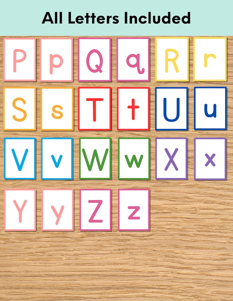 May include: A set of rectangular cards featuring the letters P through Z in both uppercase and lowercase formats. Each card has a colored border matching the letter color, including pink, yellow, orange, red, blue, green, purple, and magenta.