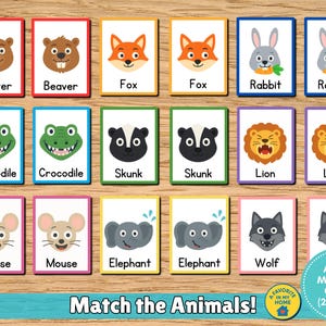 Juego de memoria de emparejamiento de animales / Tarjetas de aprendizaje preescolar