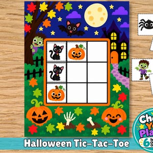 Op de afbeelding: Een Halloween-thema boter-kaas-en-eieren spelbord met een raster en markers in de vorm van zwarte katten en pompoenen. De achtergrond toont een nachtscène met een volle maan, een spookhuis, een boom en kleurrijke herfstbladeren.