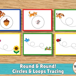 May include: Six rectangular educational cards with colorful borders featuring animal illustrations and dashed tracing lines. The cards show a squirrel, cat, dog, butterfly, bird, and ladybug. Text at the bottom reads Round & Round! Circles & Loops Tracing.