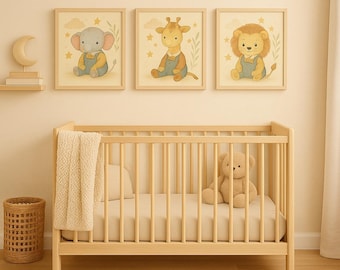 Safari Animal Nursery Wall Art Set of 3, Lion Giraffe Elephant Prints, Neutral Jungle Baby Room Decor, Cute Watercolor Zoo Animals.