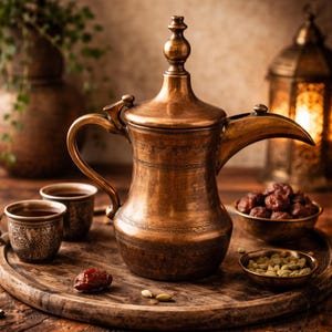 Antik mässings arabisk kaffekanna, handetsad mellanösternsk Dallah (24 cm)