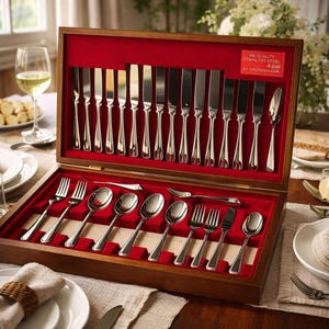 Juego de cubiertos vintage Grosvenor de 57 piezas para 8 personas, cubertería de estilo moderno de mediados de siglo.