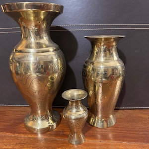 Vintage Brass Vase Set – Hand-Etched Indian Vases – Ornate Solid Brass Decor – 3 Sizes – Mid-Century Boho Style