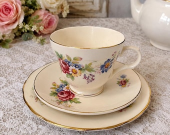 Vintage Crown Trent Tea Trio: Floral Bone China, Gold Gilt, England