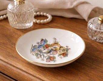 Vintage Wedgwood Kutani Crane Trinket Dish, Bone China Ring/Pin Dish, Gold Rim, Boxed