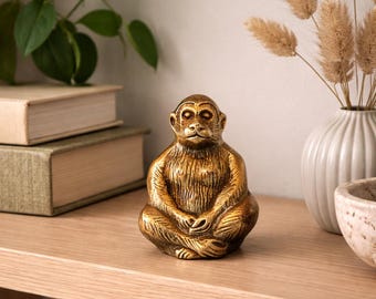 Vintage Messing Affe Figur, sitzende Statue mit überkreuzten Beinen, Retro Decor Skulptur