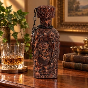 May include: A dark brown, textured decanter featuring an embossed portrait of a bearded person on the front. The bottle has a matching stopper secured by a black metal chain that wraps around the neck, with intricate scrollwork patterns throughout.