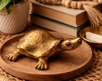 Vintage Messing Schildkröte Figur, handgravierte Volkskunst, Glasaugen